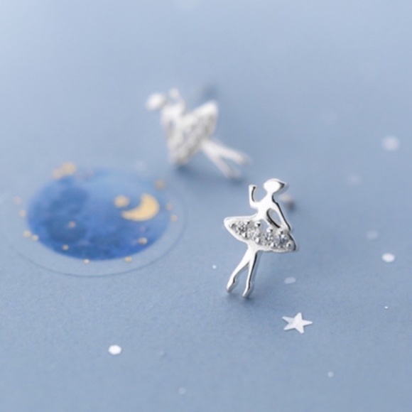 925 Sterling Silver Ballerina Dancer Rhinestone Stud Earrings - Picture 3 of 5